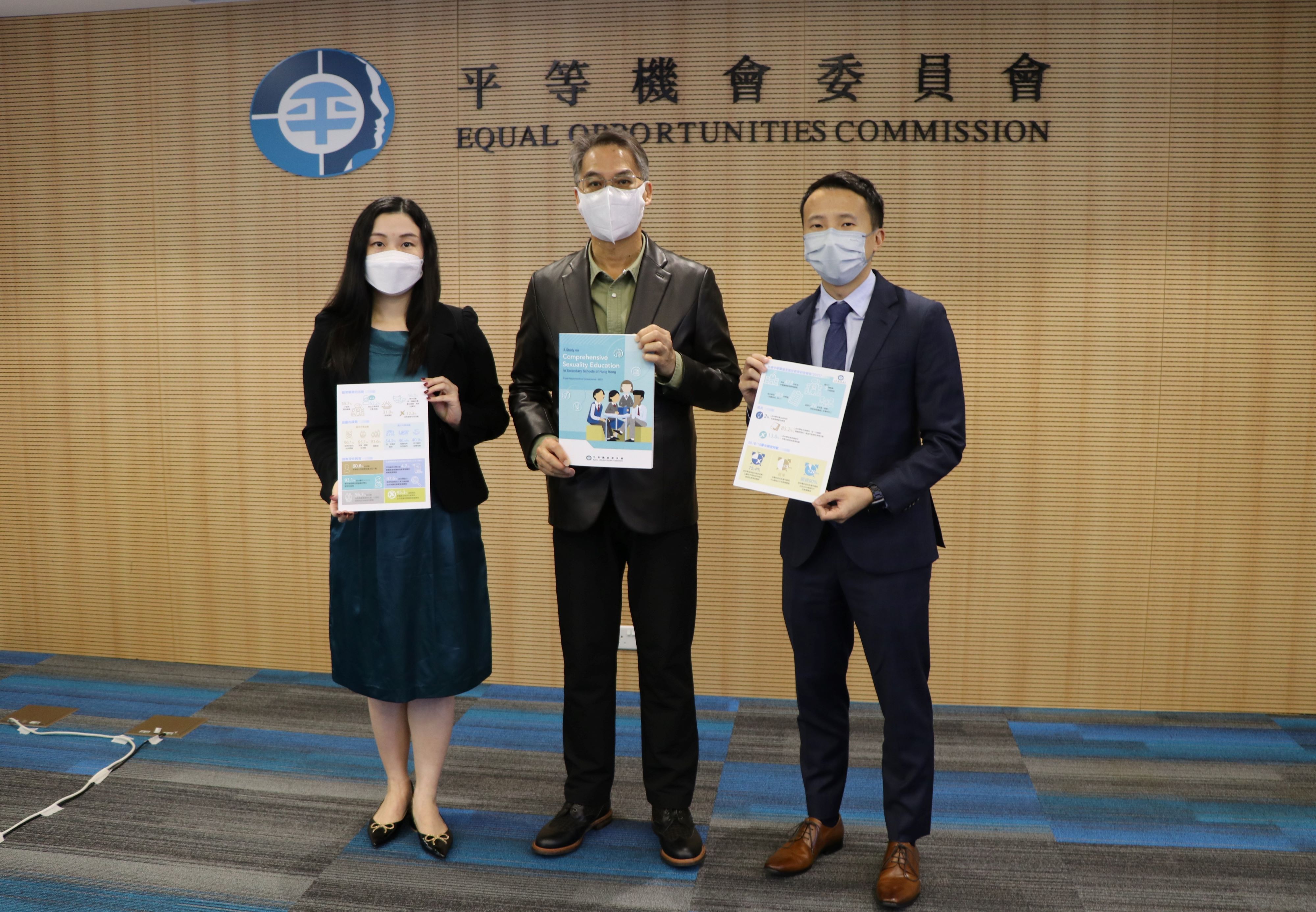 The Equal Opportunities Commission (EOC) released the findings of “A Study on Comprehensive Sexuality Education in Secondary Schools of Hong Kong” today (22 November 2022). Dr Ferrick CHU Chung-man, Executive Director (Operations) of the EOC (centre); Ms Doris TSUI Ue-ting, Acting Head (Policy, Research and Training) of the EOC (left); and Mr James CHAN, Senior Policy, Research and Training Officer (right) of the EOC presented the findings of the Study at the press conference.